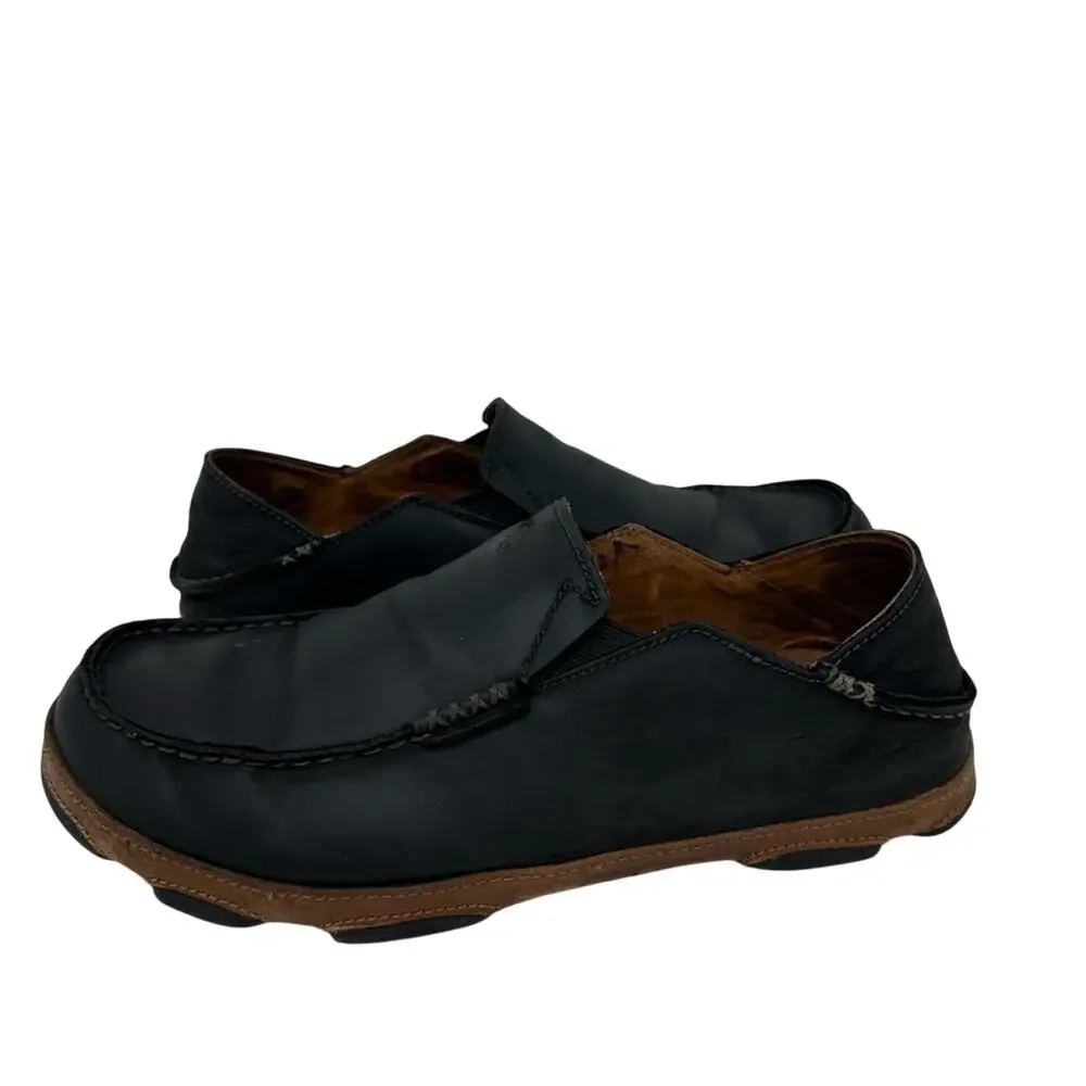 OluKai Moloa Slip On Loafer Black Leather Grip Sole Shoe